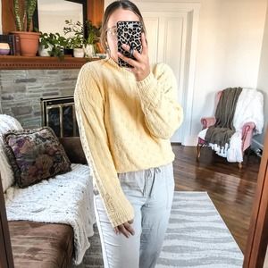 VINTAGE 90'S Women's Medium Yellow Chunky Textured Knit Mock Neck Sweater Cotton